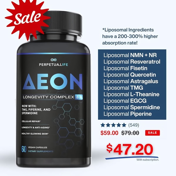 This static square ad features a clear product shot of a longevity supplement bottle, a bold red sale badge, and a bulleted list of high-absorption ingredients.